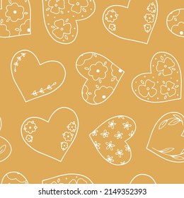 Hand drawn festive seamless pattern with flat linear hearts with flowers and plants. Cute romantic background with floral heart for spring design, holidays, prints, textile. Flat vector illustration
