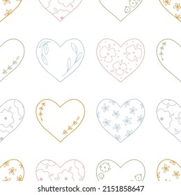 Hand drawn festive seamless pattern with flat linear hearts with flowers and plants. Cute romantic background with floral heart for spring design, holidays, prints, textile. Flat vector illustration