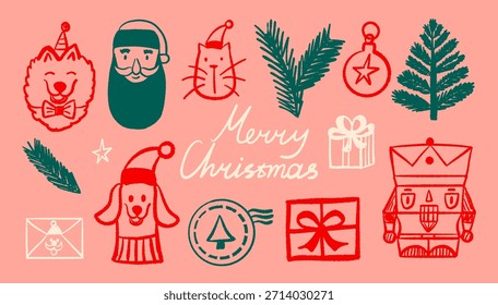 Hand drawn festive set of Christmas elements drawn with marker. Funny holiday dog, Santa Claus, cat.