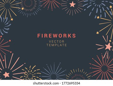 Hand drawn festive vector banner with colorful fireworks. Vector background for holiday, party, Christmas, birthday, carnival, Independence day. Celebration vector web banner