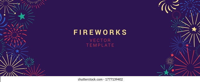 Hand drawn festive vector banner with colorful fireworks. Vector background for holiday, party, Christmas, birthday, carnival, Independence day. Celebration vector web banner