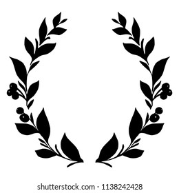 Hand drawn festive wreath with large leaves and berries. Monochrome laurel drawing. Black and white wreath image. Vector illustration