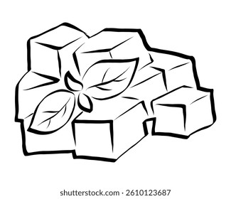 Hand drawn feta cheese cubes with basil. Organic farm food. Line icon illustration for logo, poster, menu. Isolated on white background.