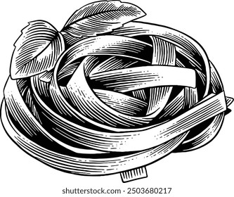 Hand drawn Fettuccine Pasta with Basil Leaves Sketch Illustration