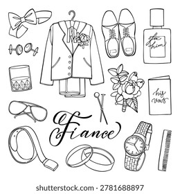 Hand drawn fiance wedding elements collection. Elegant black outline groom accessory set with stylish suit, wristwatch, boutonniere, shoes, comb, glasses, belt, rings and cologne. Vector illustration.
