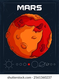 Hand drawn fiery energetic reddish Mars planet in outer space full of comet and asteroid, red planet