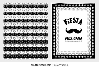 Hand Drawn Fiesta Mexicana Vector Illustartions Set. White and Black Simple Infantile Design. Hand Written Funny Letters. Black Moustache. Childish Style Border. Cute Hearts Pattern.