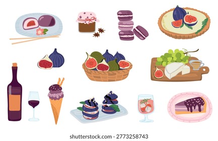 Hand drawn fig collection with autumn desserts, cheese platter, wine and fruit sweets on a transparent background