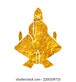 Hand drawn Fighter jet icon in gold foil texture vector illustration