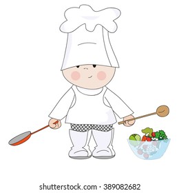 Hand drawn figure chef with glass bowl of vegetables. Perfect vector illustrations for children's books, printing on T-shirts, posters, design element, the pictures to kindergarten
