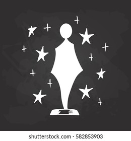 Hand drawn figure film award with stars isolated on the black chalkboard background