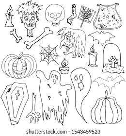 Hand drawn figure set monochrome halloween for web backdrop design. Halloween icon set for design. Pictures for decoration. Set of vector pictures. Little sketch on a white background.