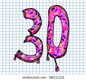 Hand drawn figures donuts on copybook background. Vector illustration.