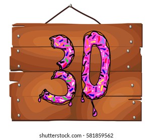 Hand drawn figures donuts on wooden plank background. Vector illustration.