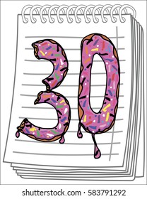 Hand drawn figures donuts on notebook background. Vector illustration.