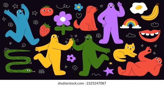 Hand drawn figures and doodles set. Fictional characters in retro style. Positivity and optimism. Hippie era and back to 80s and 90s. Cartoon flat vector collection isolated on black background