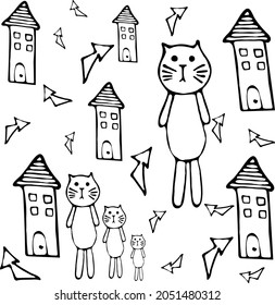 Hand drawn figures vector shapes. Houses, cats, arrows, doodles. 