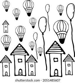 Hand drawn figures vector shapes. Houses, balls, doodles. 