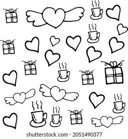 Handgezeichnete Figuren, Vektorformen. Geschenkbox, Herz mit Flügeln, Herz, heiße Teebecher mit Untertasse, Doodle. 