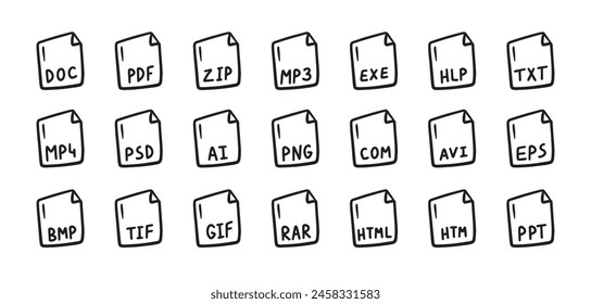 Hand drawn file types icon. Doodle outline signs. Vector illustration