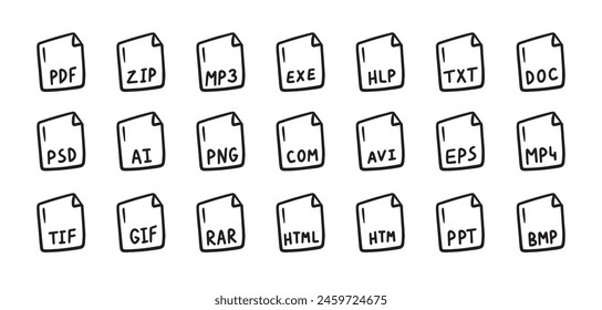 Hand drawn file types icon. Doodle outline signs. Vector illustration