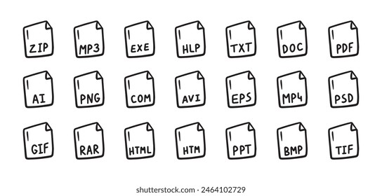 Hand drawn file types icon. Doodle outline signs. Vector illustration