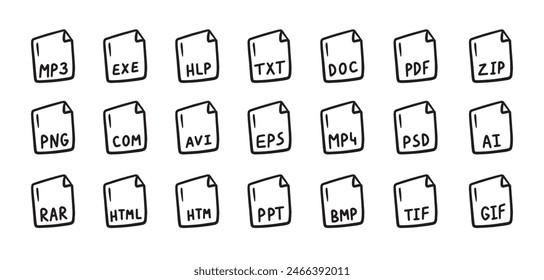 Hand drawn file types icon. Doodle outline signs. Vector illustration