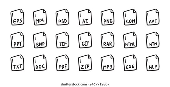 Hand drawn file types icon. Doodle outline signs. Vector illustration