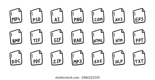 Hand drawn file types icon. Doodle outline signs. Vector illustration