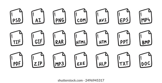 Hand drawn file types icon. Doodle outline signs. Vector illustration