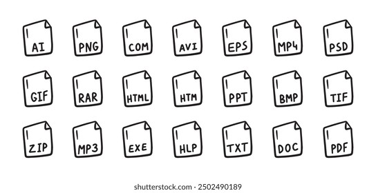 Hand drawn file types icon. Doodle outline signs. Vector illustration