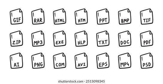 Hand drawn file types icon. Doodle outline signs. Vector illustration