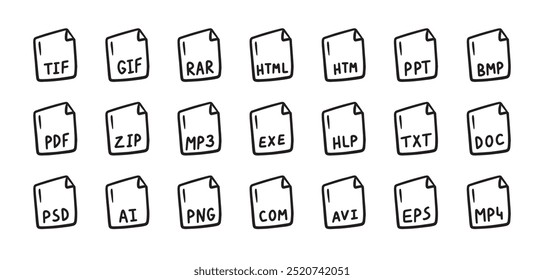 Hand drawn file types icon. Doodle outline signs. Vector illustration