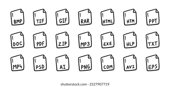 Ícone de tipos de arquivo desenhados à mão. Desenhar sinais de contorno. Ilustração vetorial