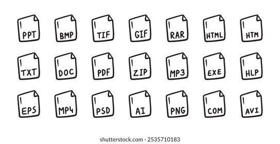 Hand drawn file types icon. Doodle outline signs. Vector illustration