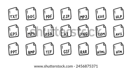 Hand drawn file types icon. Doodle outline signs. Vector illustration