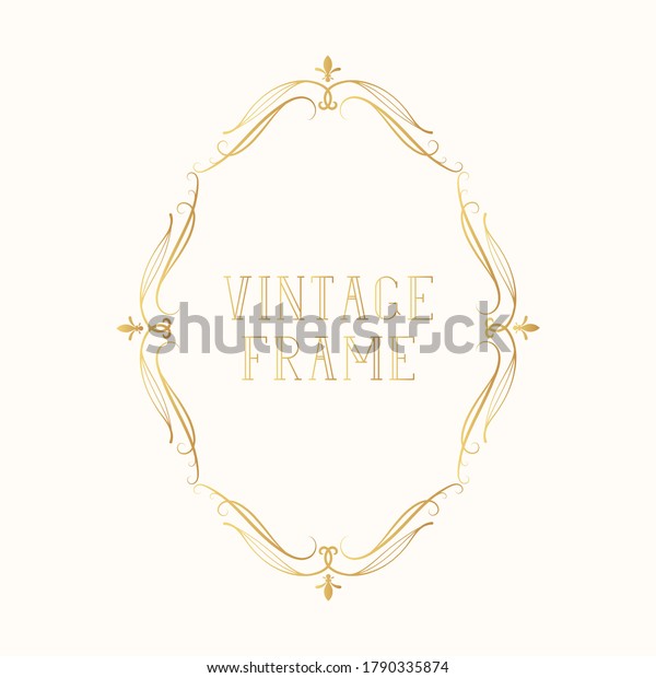 Hand drawn filigree ornate\
classic gold wedding border.  Vector isolated calligraphic\
invitation card template. Golden vignette oval royal frame with\
swirls and scrolls.