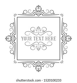 Hand drawn filigree wedding frame. Vintage decorative border for invitation card. Vector isolated antique elegant decor for label design.