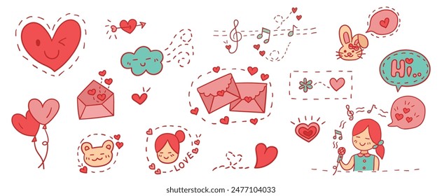 Hand drawn filled outline doodles vector design elements set of girl singing, arrow with heart, dotted line heart, music note, heart balloons, bear, cloud and wind, love letter.