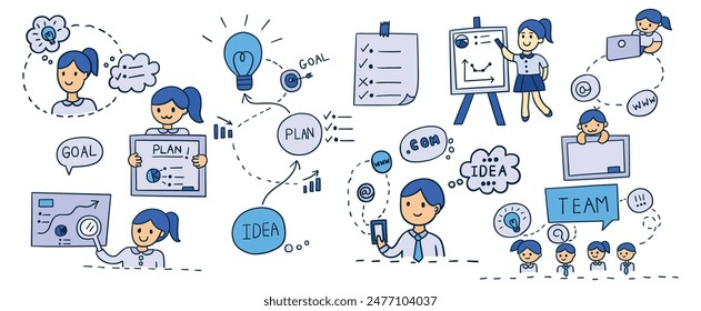 Hand drawn filled outline doodles vector design elements set of business team, goal speech bubble, to do list, presentation business, working online, business planning. business concept illustration.