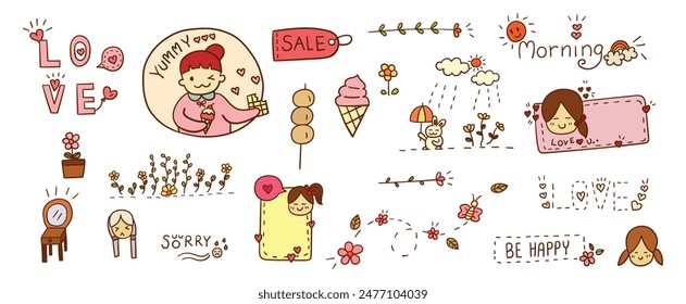 Hand drawn filled outline doodles vector design elements set of flower, morning lettering, meatball, butterfly, ice cream, love lettering, sale tag, dressing table. 