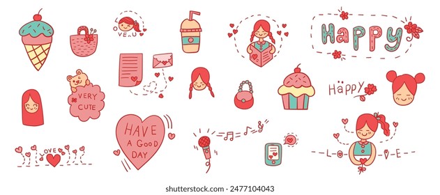 Hand drawn filled outline doodles vector design elements set of woven bag, happy lettering, singing, girl reding letter, cupcake, ice cream cone, love heart.