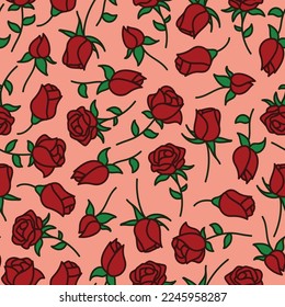 Hand drawn filled outline red roses seamless pattern on peach background