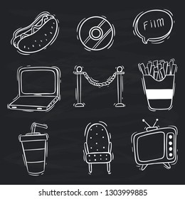 hand drawn of film or cinema icons collection on chalkboard background