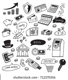 Hand drawn finance and banking doodle isolated on white background