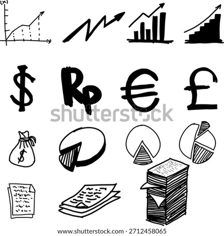 Hand drawn finance and growth vector collection. Rough marker sketch chart, graph, money, and document icons. Business success concept.