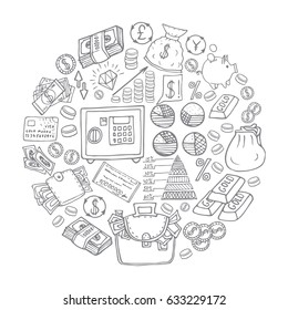 Hand drawn Finance isolated objects shaped in circle