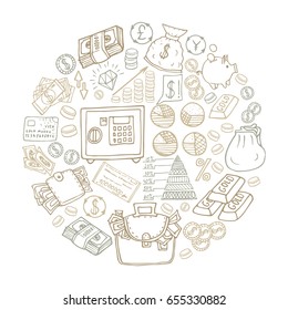 Hand drawn Finance isolated objects shaped in circle