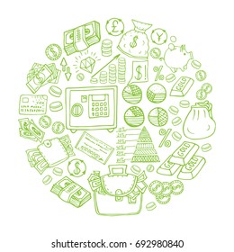 Hand drawn Finance isolated objects shaped in circle