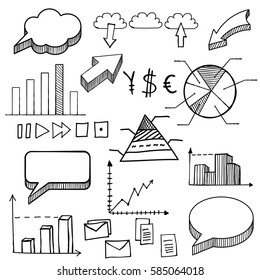 Hand drawn finance vector illustration, arrows, diagram, cloud storage symbols